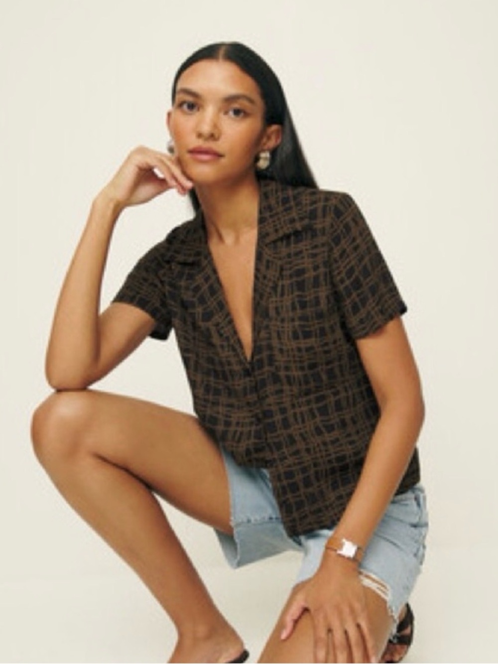 Reformation “Cuba” Black & Brown Plaid Short-Sleeve Collared Top